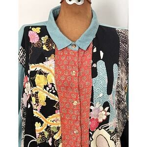 Citron Santa Monica Sz XL Asian Print Tunic Silk Lagenlook Art To Wear Oversized